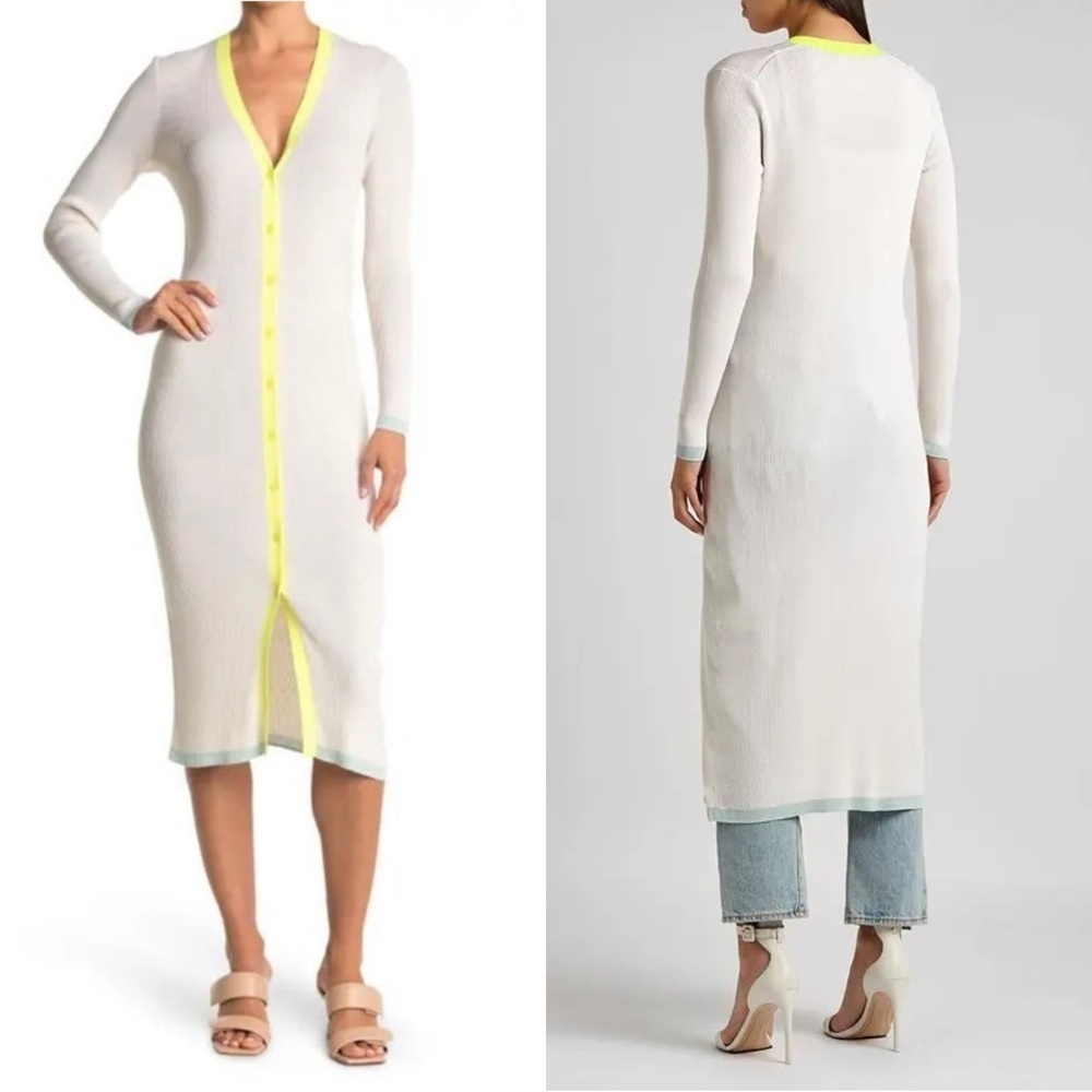 ALICE OLIVIA Rib Knit Button Front Y2K Slim Cardigan Duster Sweater Dress Small - Picture 3 of 12